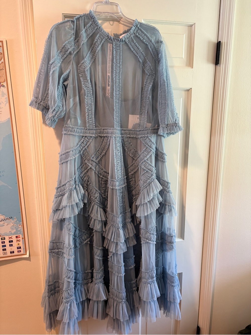 Mac Duggal Light Blue Ruffled Tulle Midi Dress